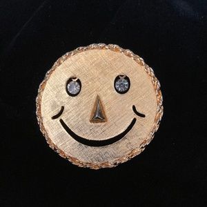 Happy Face pin or necklace gold rhinestones wiggle eyes